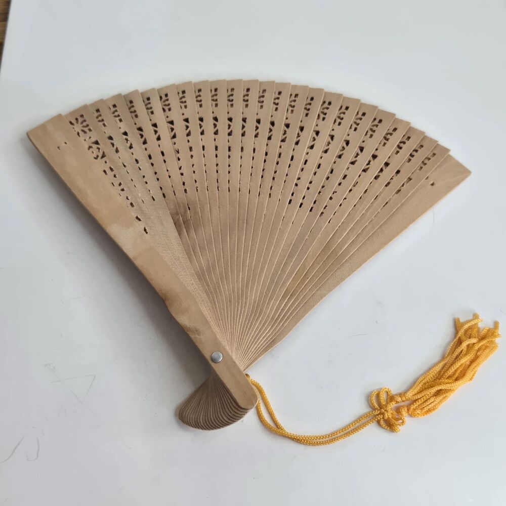 Oriental Pierced Wooden Hand Fan Decorative Foldable Carved Wood Yellow Tassel